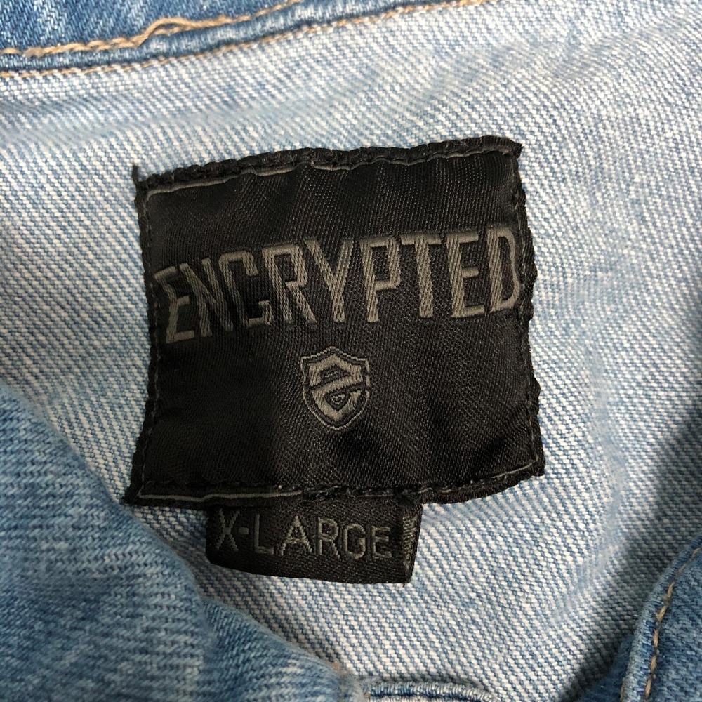 Encrypted Jacket Mens XL Light Wash Denim Distressed Paint Splatter Trucker Norm - Picture 4 of 14